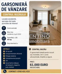 Garsoniera , bloc de apartam, Centru , 44 mp - Buzau