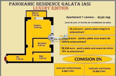 Apartament 1 camera de vanzare in Iasi, Galata, 43.63 mp, baie cu geam - foto 2