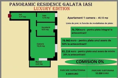 Apartament 1 camera de vanzare in Iasi, Galata, 45,12 mp, baie cu geam - foto 2