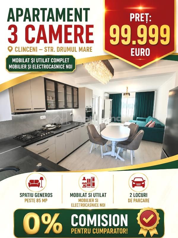 Vanzare -  Apartament mobilat - utilat  - Clinceni - 99999E  - tva inclus  - COMISION 0 ! - Clinceni
